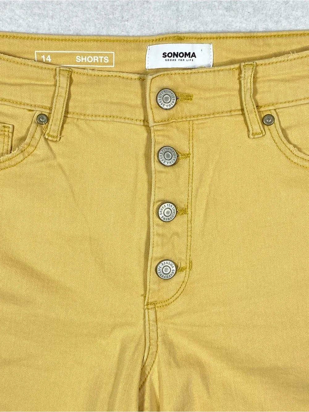 Sonoma Button Fly Denim Shorts Womens 14 Mustard Yellow High Rise Raw Hem Casual